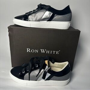 Ron White Womens Leather Sneakers Black Silver Side Zip Designer EU 37 New